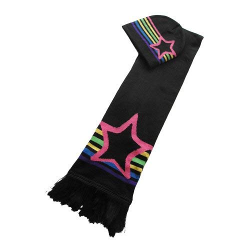 Cute Knit Hat / Beanie & Scarf Set with Stars & Multi Stripes - Black