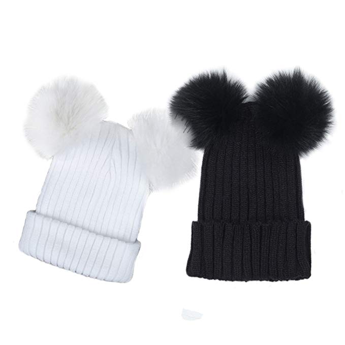 MarJunSep 2 Pack Winter Warm Hat Women Girl Thick Knit Beanies hat Skullies Double Fur Pompoms