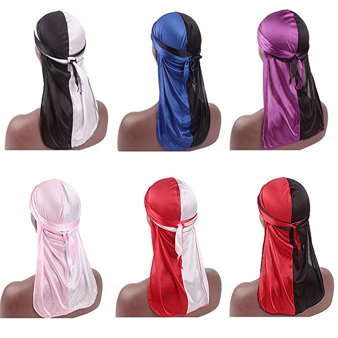 PLOVZ 6 Pack Women's Two-Tone Silk Accent Durag Cap Headwraps Mixed Colors