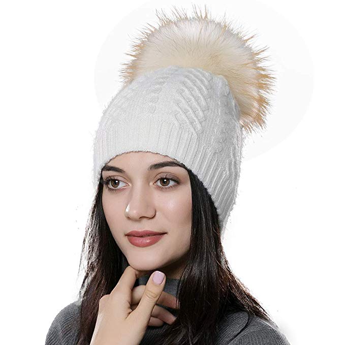 SOMALER Winter Hats for Women pom pom Womens Real Fur Beanie hat Knitted ski Cap 7 Colors