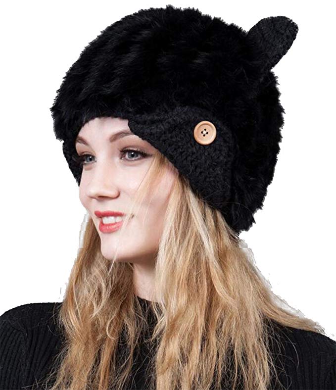 Roffatide Women Fluffy Cute Ears Soft Imitation Fur Knitted Hat Warm Skull Cap Chic Beanie Windproof Winter