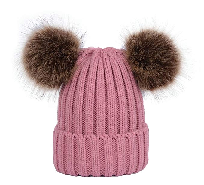 wanture Women's Winter Knit Beanie Hat, Girls Knitted Fur Hat with Double Faux Fur Pom Pom Ears