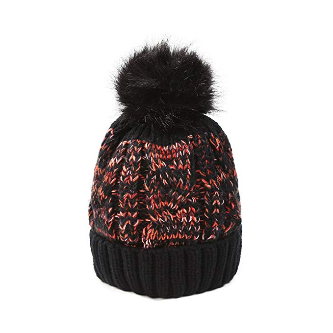 FADA Women Winter Hats - Soft Stretch Cable Knit Ribbed Faux Fur Pom Pom Beanie Hat