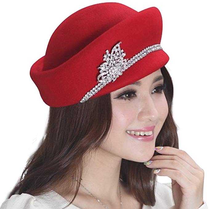 June's Young Wool Felt Hats for Women Winter Hat Small Brim Red