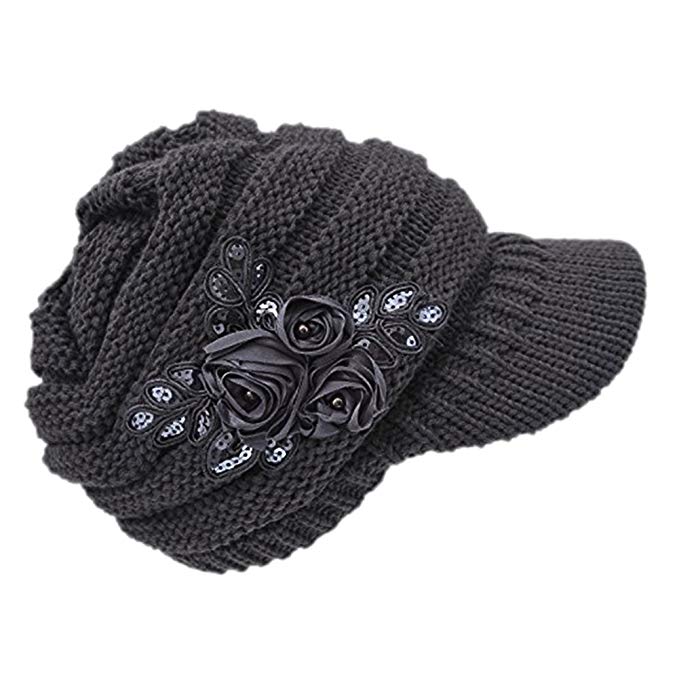 C-US Women Winter Warm Knit Hat Crochet Visor Brim Cap Flower Accent