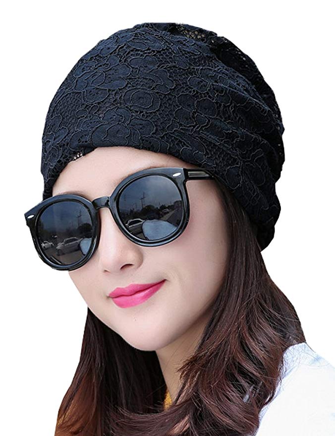 Lujuny Summer Flower Lace Beanie Caps - Women Skull Tuque Hats Cancer Chemo Patients, Abbey, Outdoor