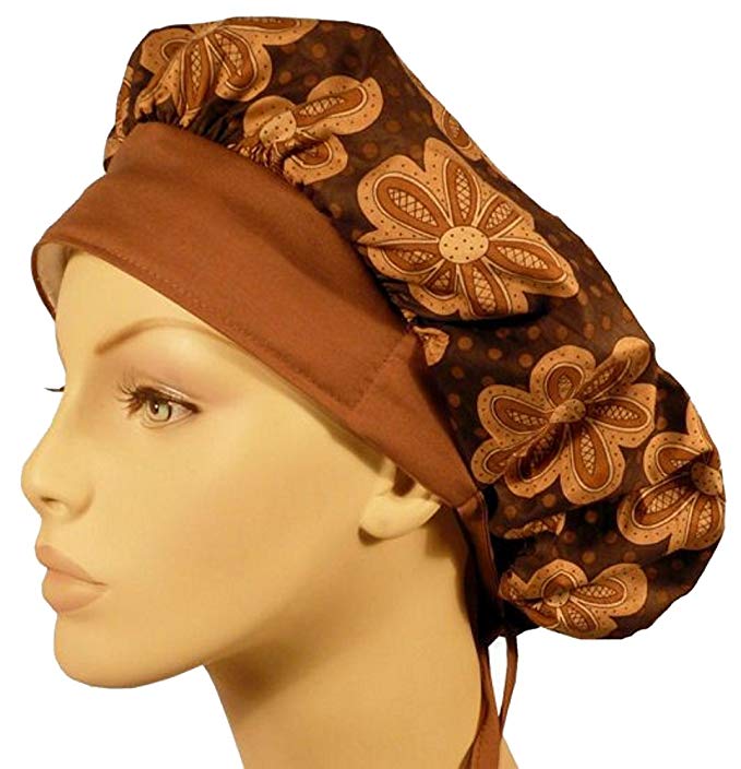 Designer Bouffant Medical Scrub Cap - Wall Flowers On Brown