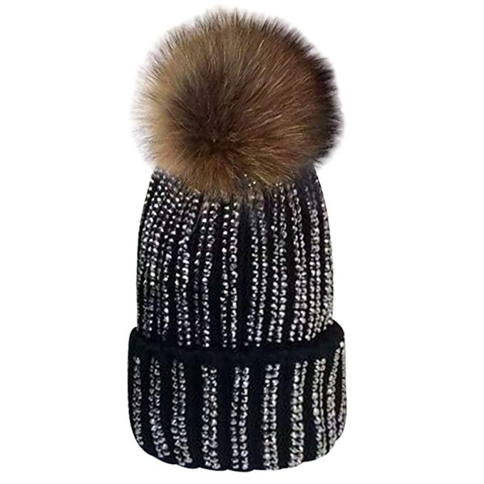 MIOIM Womens Girls Raccoon fur Big Pom Pom Beanie Diamante Knitted Bobble Hat