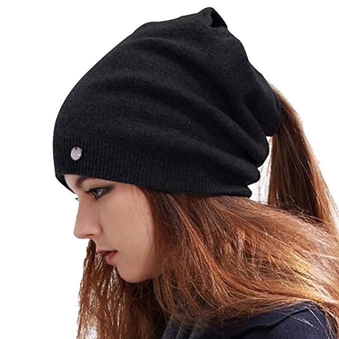Autumn Winter Warm Trendy Womens Ponytail Messy Bun Beanie Soft Wool Hat Cap