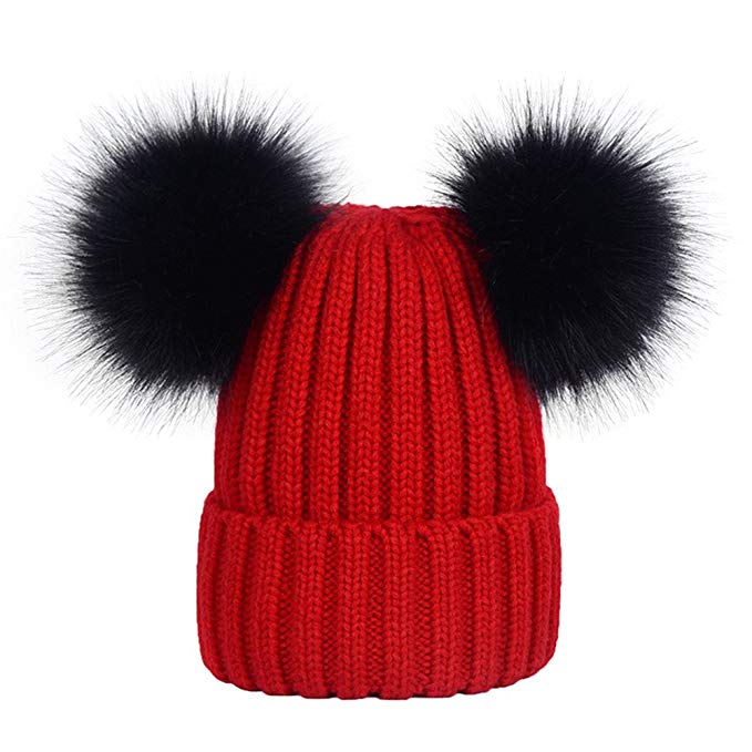 DELORESDKX Women Double Pom Pom Beanie Hat Knit Faux Fur Pompom Ears Winter Soft Skull Ski Cap