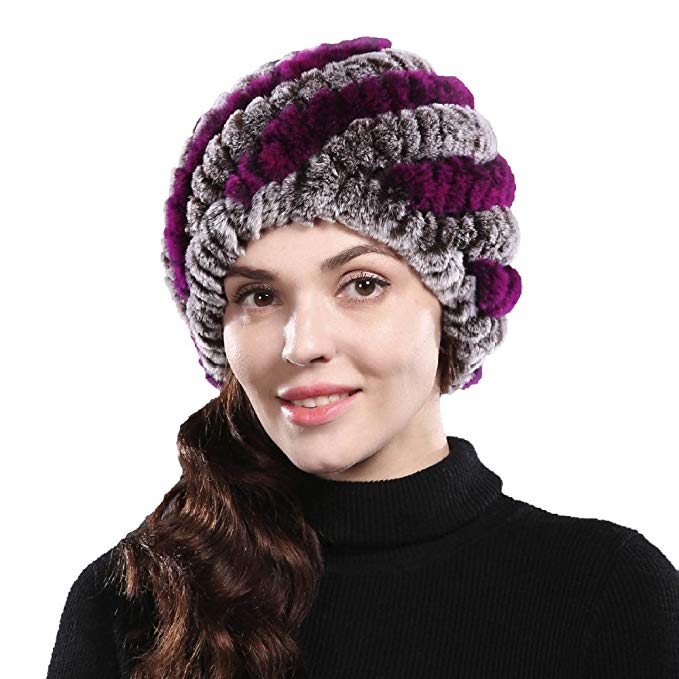 Bafei Real Rex Rabbit Fur Knitted Women's Winter Warm Hat Cap