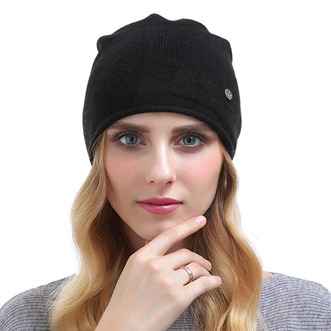 VEMOLLA Women's Solid Ski Skullies Edge Curling Beanie Hat Soft Cashmere Knitting Cap Black