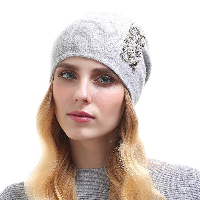 VEMOLLA Girls Hand Knitted Beanie Hats for Women with Elegant Rhinestone