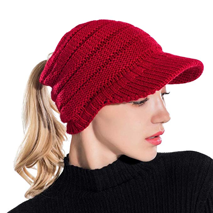 Warm Winter Knit Beanie Tail Hat Messy Slouchy Cable Hats for Women Bun Ponytail Cap