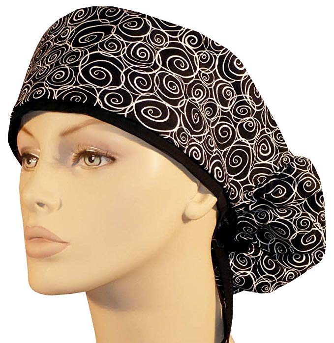 Big Hair Women's Medical Scrub Cap - White Swirls On Black