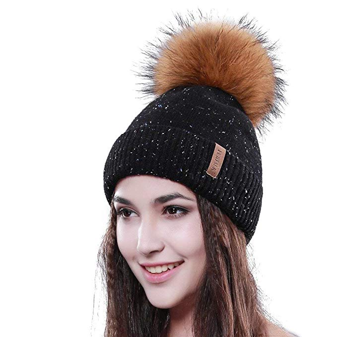 FURTALK Fur Pom Pom Winter Hats Wool Knitted Beanie Hats for Women