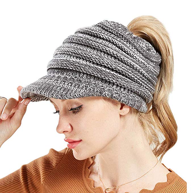 VEMOLLA Women Beanie Tail Winter Warm Knit Messy High Bun Ponytail Beanie Hat with Visor