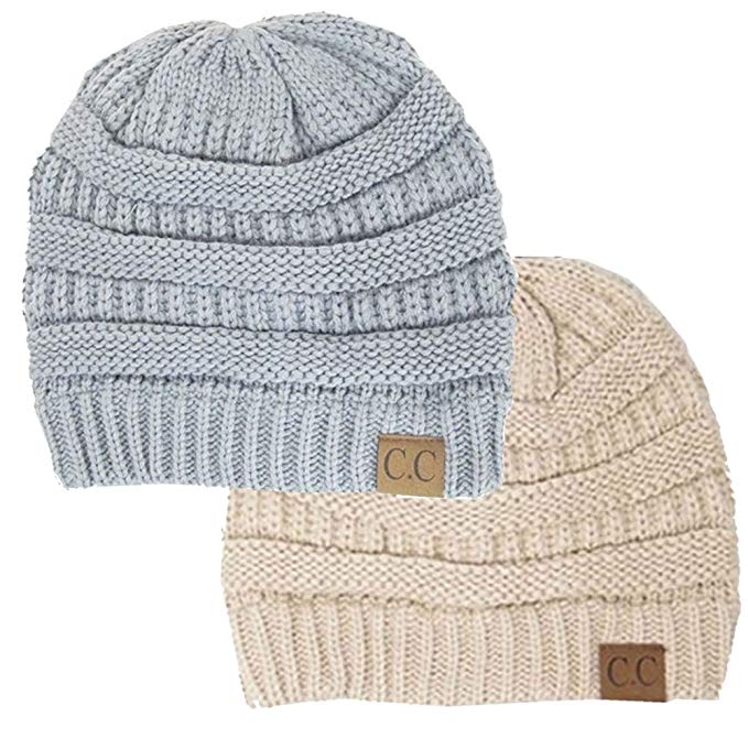 Thick Slouchy Knit Oversized Beanie Cap Hat,One Size,2 Pack: Lt Grey/Beige