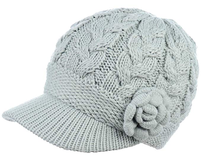 Womens Winter Elegant Cable Flower Knitted Newsboy Cabbie Cap Beret Beanie Hat with Visor, Warm Plush Fleece Lined