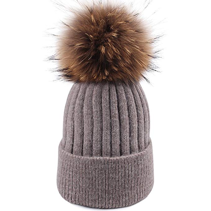Womens Winter Knit Beanie Hats Real Fur Pom Cashmere Blended Skull Cap Ski Hat