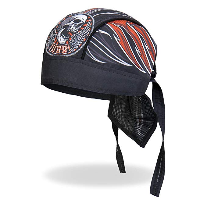 Stiches Wing Winged Skull Black Orange White Pinstripe Head Wrap Durag Biker