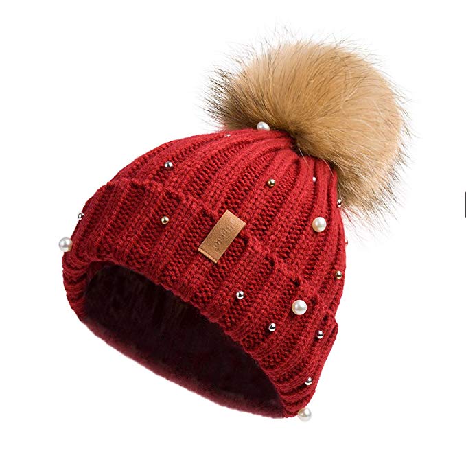 Pilipala Women Knit Winter Turn up Beanie Hat by with Pearl and Fur Pompom VC17605