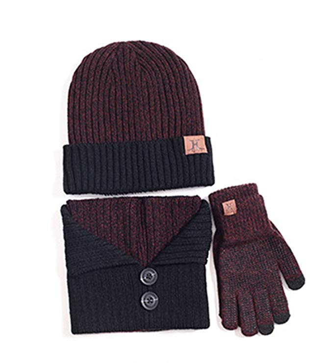 ZZLAY Winter Warm Knit Hat+Scarf+Touch Screen Gloves,Unisex Slouchy Warm Snow Skull Thick Beanie 3 Pieces Knitted Set