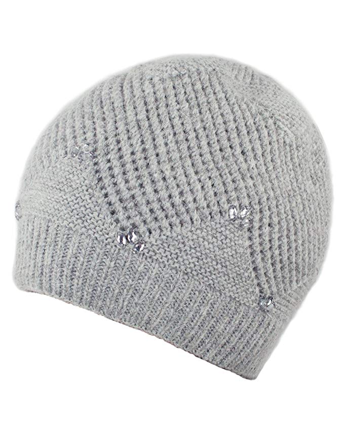 Dahlia Women's Angora Beanie Hat Rhinestone Square Double Bow Dual Layer