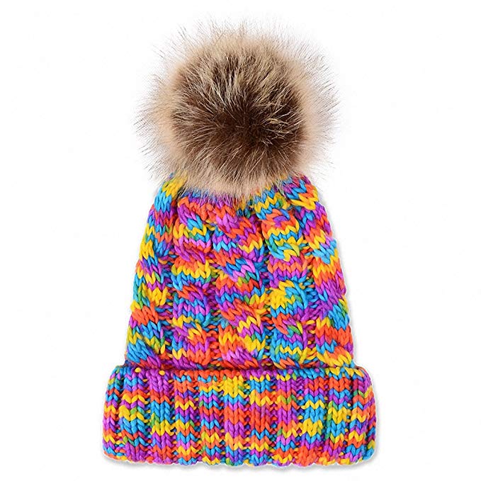 JcxHat Women Rainbow Fold Crochet Chunky Slouchy Thick Winter Knit Hat Beanie Skully with Pom Pom