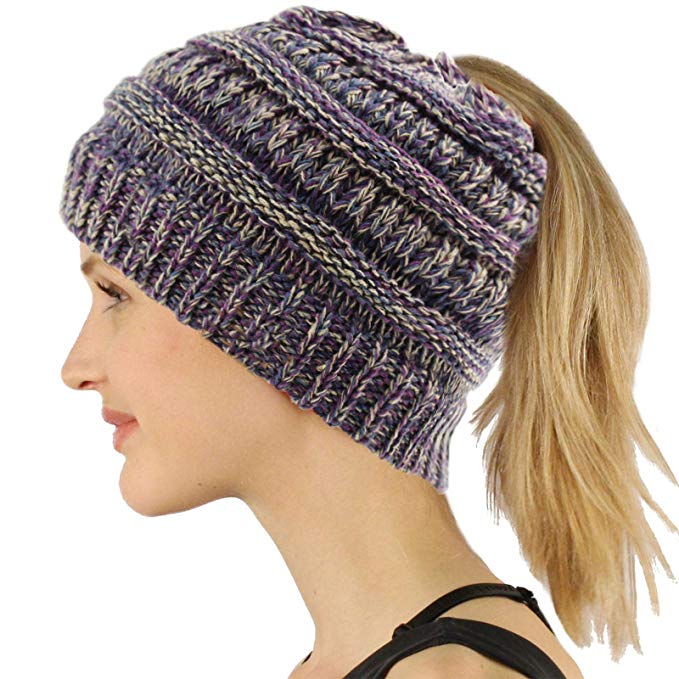 COCO LEE BeanieTail Ponytail Beanie Soft Stretch Cable Knit Messy High Bun Hat