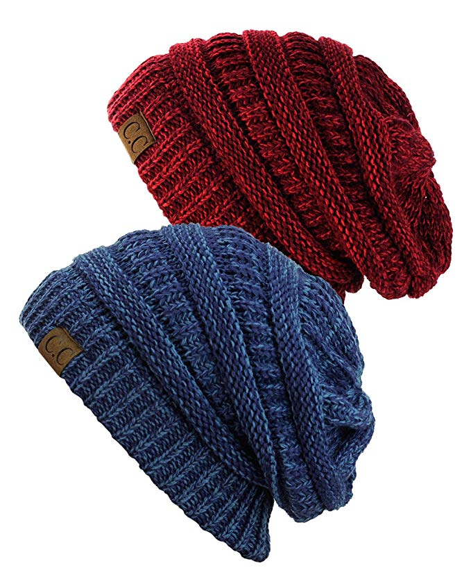 NYfashion101 Exclusive Unisex Two Tone Warm Cable Knit Thick Slouch Beanie Cap, 2 Pack - 2 Tone Burgundy & Blue/Denim