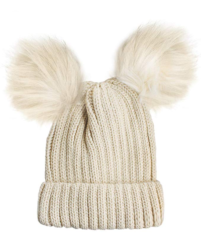 NYFASHION101 Double Faux Fur Pom Pom Cable Knit Cuff Beanie Hat