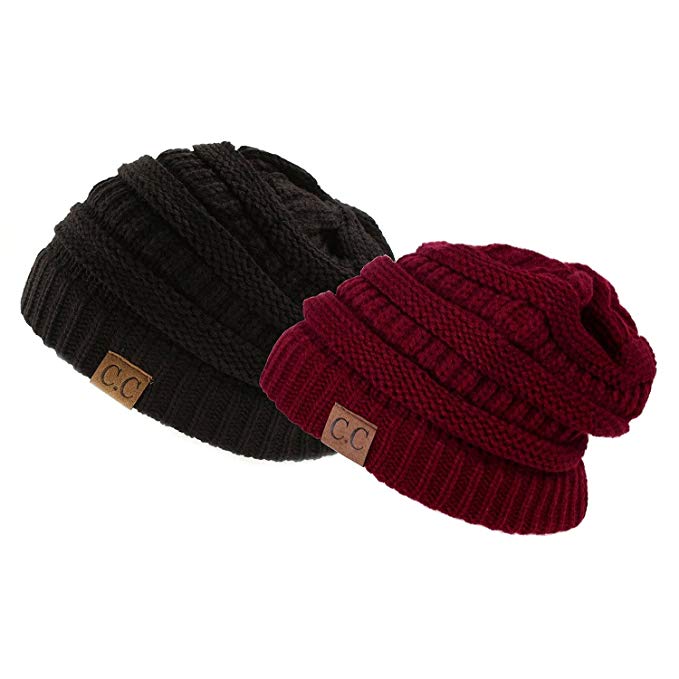 Trendy Warm Chunky Soft Stretch Cable Knit Slouchy Beanie Skully, Gift Set-Black & Burgundy, One Size