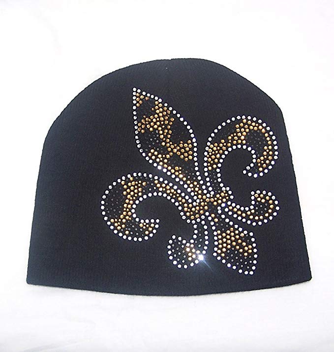 Gold Black Zebra Fleur De Lis Rhinestones Beanie