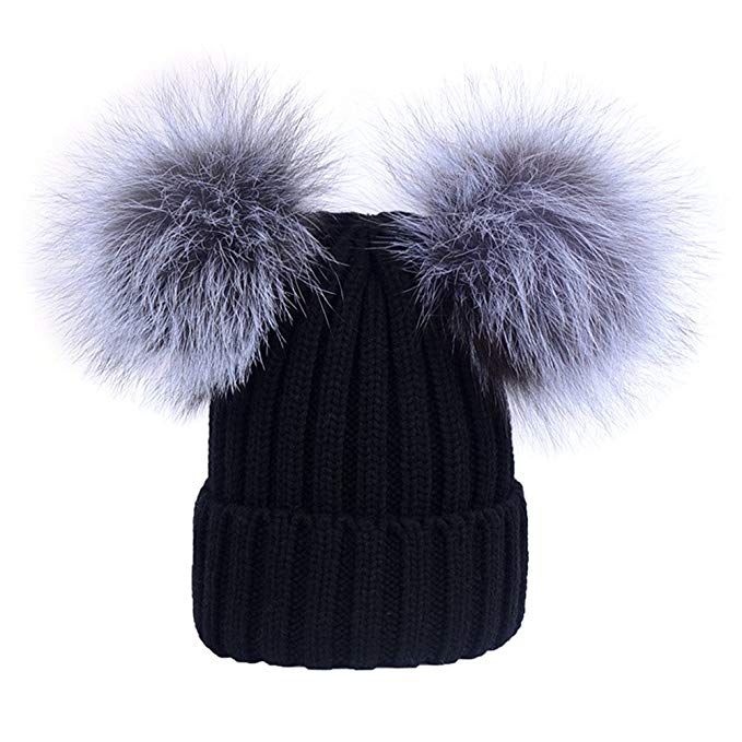 DELORESDKX Women Winter Fur Pom Pom Knit Hats Beanie Double Real Fox Fur Pom Warm Ski Snowboard Cap