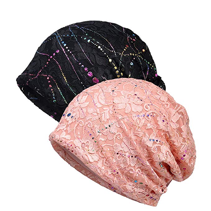 Ganves Women's Sleep Soft Headwear Cotton Lace Beanie Hat Hair Covers Night Sleep Cap