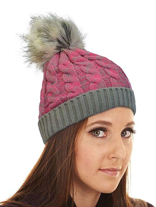 Terra Women Winter Pom Pom Beanie Hat | Two-Toned, Warm, Knitted | Skull Ski Cap