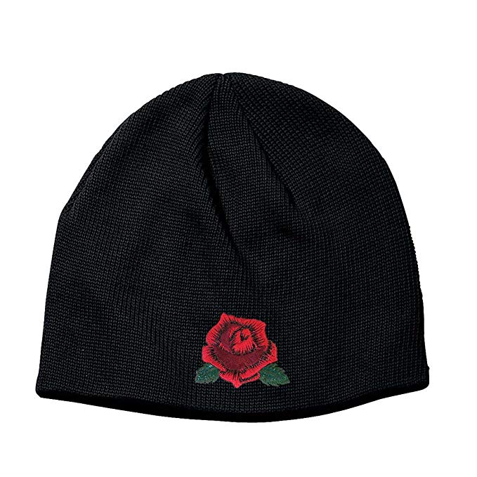 Corona Collection Knit Black Cotton Beanie With Red Rose