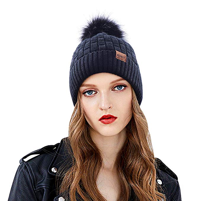 REDNITY Winter Cable Knit Beanie Hat with Faux Fur Pom Pom Fleece Lined Bobble Hat Ski Cap for Women Men