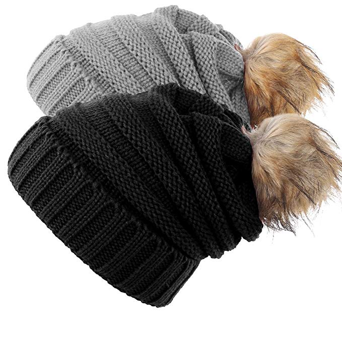 Novawo Women’s Trendy Pom Pom Hat Fleece Lined Beanie Winter Warm Knit Hats Slouchy Beanie