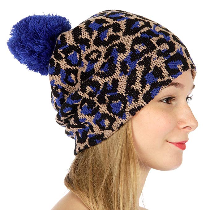 C.C Striped Curl Up Knit & Double Layer Leopard Pompom Beanie Hat