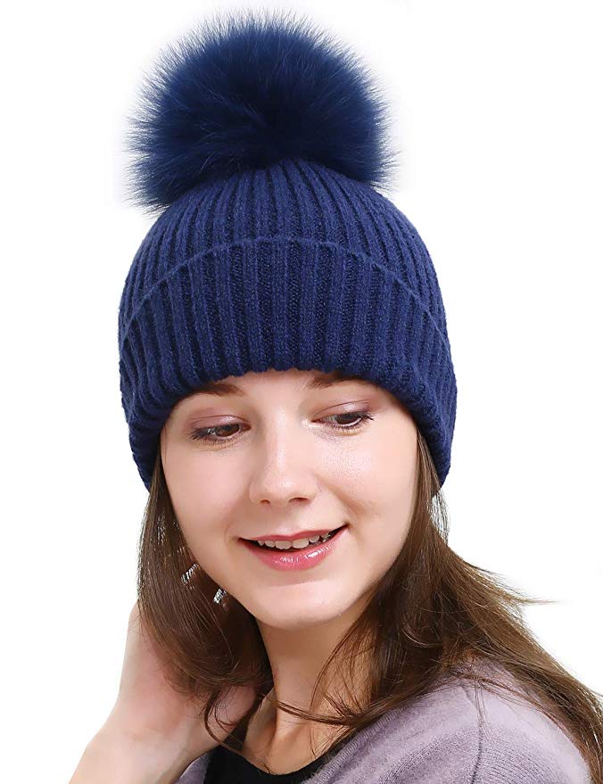 HH HOFNEN Womens Girls Knit Beanies Large Real Fox Fur Pom Pom Winter Hat