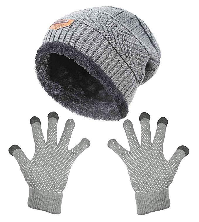 Womens Slouchy Beanie Gloves Set Skull Cap Touch Screen Mittens Winter Hat