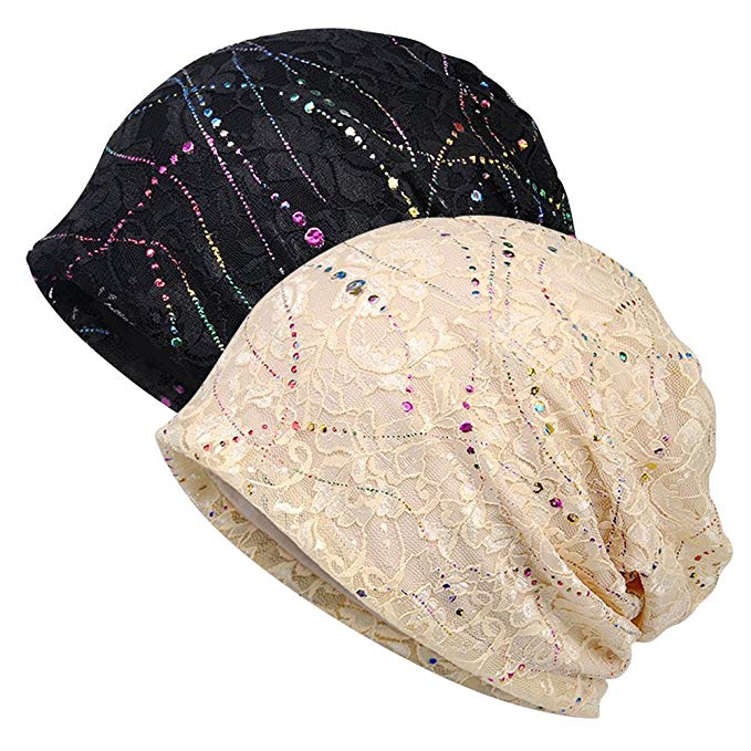 HABITER Women Cotton Beanie Lace Soft Sleep Cap Slouchy Chemo Hats