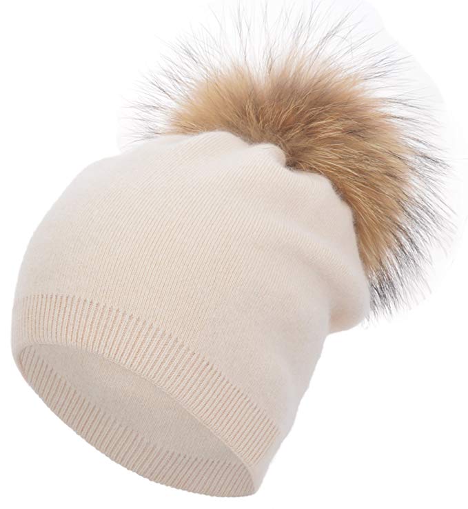 Women's Winter Warm Double-Deck Cashmere Wool Blend Real Fur Pom Pom Slouchy Knit Beanie Cap Ski Hat