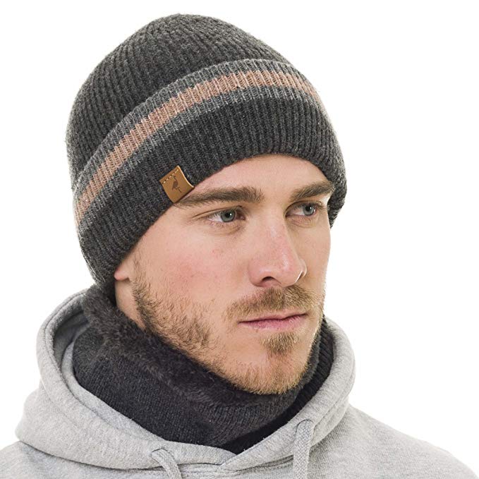 Beanie Neck Warmer Set with Wool Fleece Fur Scarf Gaitor Skull Cap Knit Hat Ski