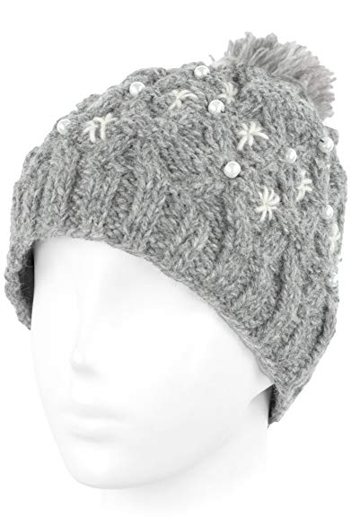 Knit Wool Beanie Skull Cap Toque With Fleece Lining - Oxford Gray, White Pompom