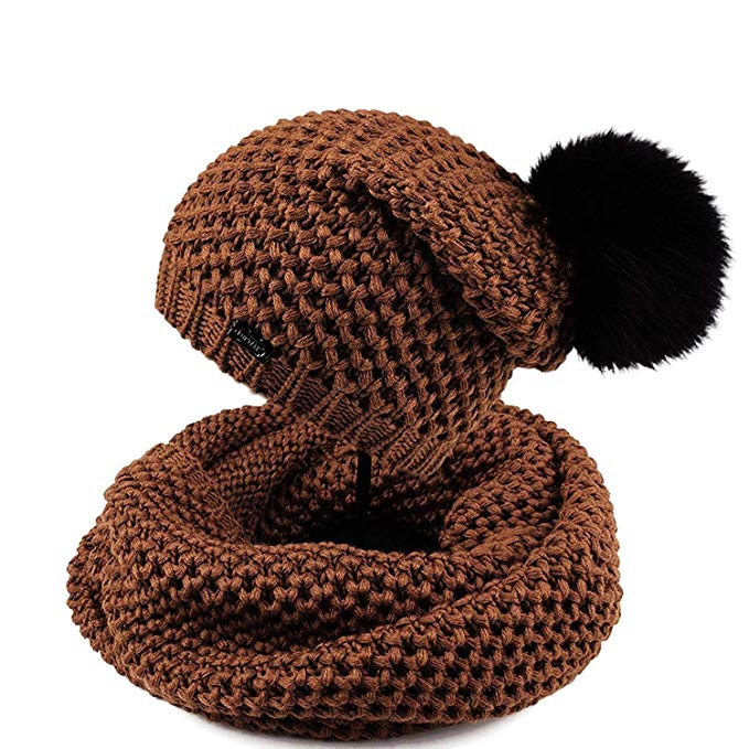 FURTALK Winter Knit Pom Pom Hat - Merino Wool Beanie With Detachable Real Fox Fur Ball Hats For Women Girls Original