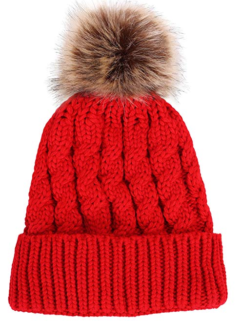 Toppers Women Winter Warm Knitted Faux Fur Pom Pom Beanie Hat