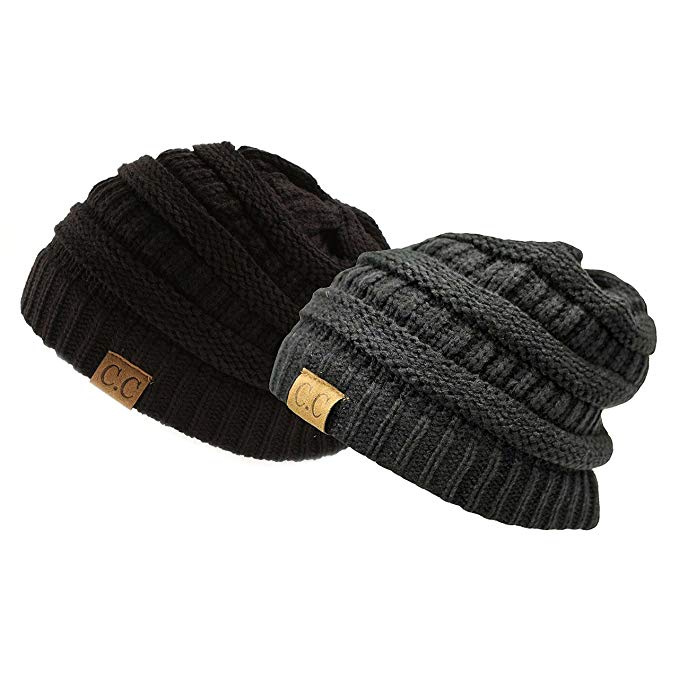 Trendy Warm Chunky Soft Stretch Cable Knit Slouchy Beanie Skully, Gift Set-Black & Charcoal, One Size